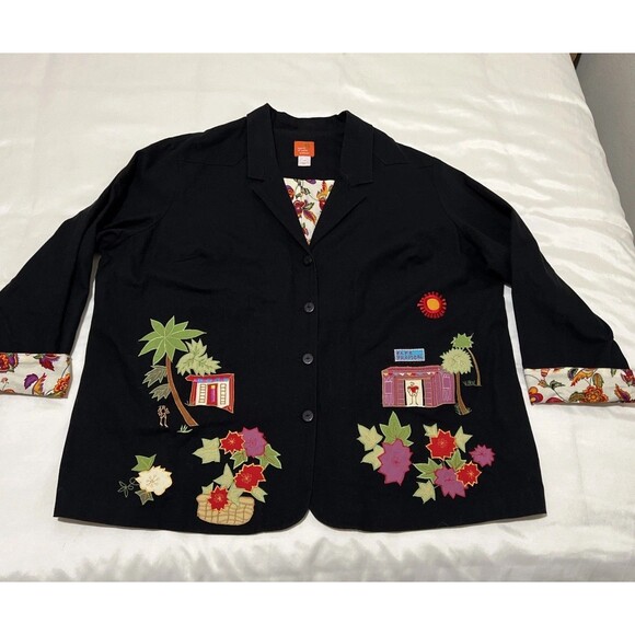 Hearts Of Palm Jackets & Blazers - Hearts of Palm Black Tropical Floral Applique Embroidered Coat Jacket Size 24W